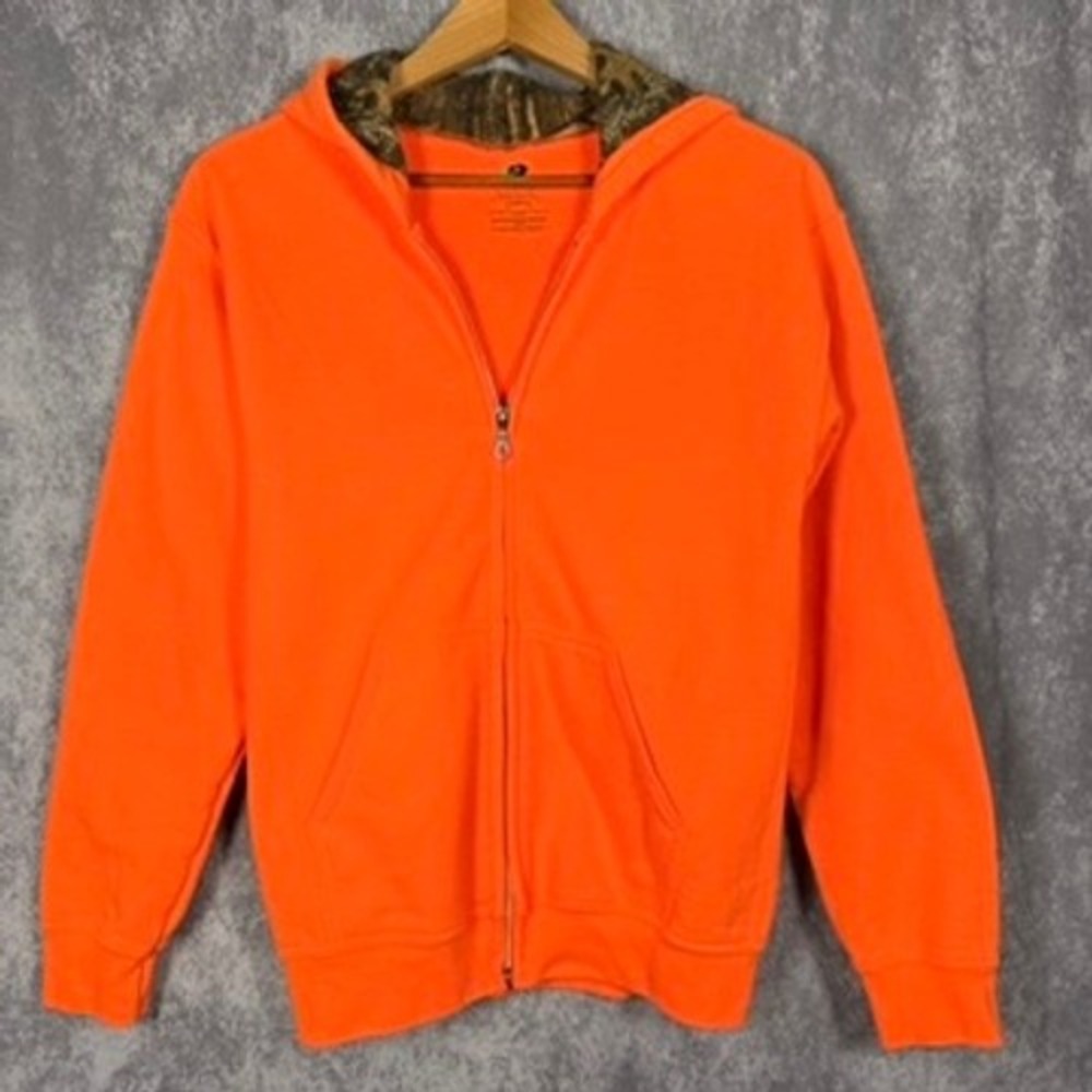 Mossy Oak Full Zip Hoodie Mens Small Orange Camo Lined Hood